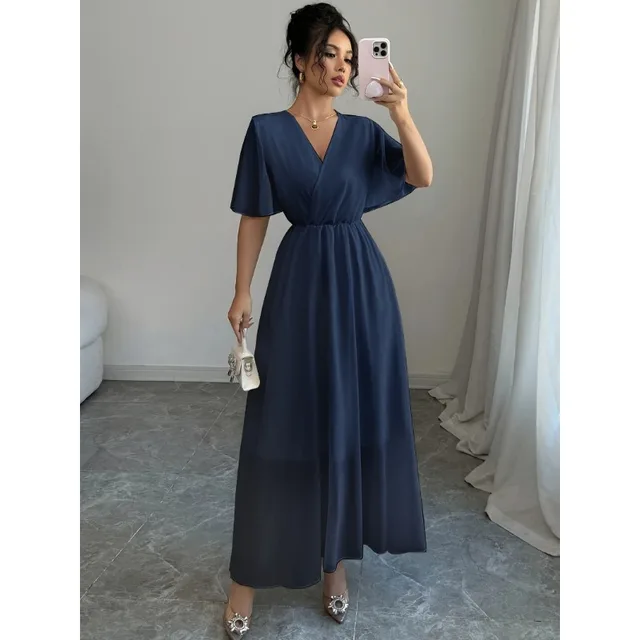 Plus Size Womens Summer Flowy Chiffon Midi Dress Casual V Neck Short Sleeve High Waist Boho Beach Dress Wedding Guest Maxi Dress 5