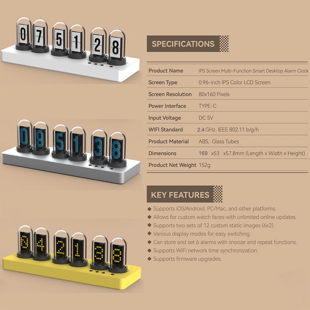ساعة منبة WIFI التحكم IPS Nixie أنبوب المنبه مع أض...