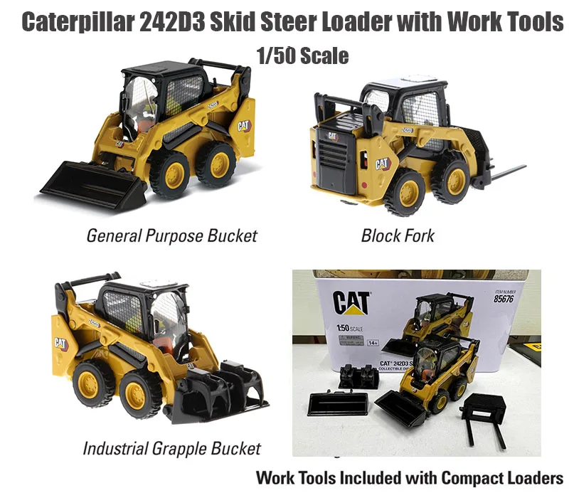 Dm Caterrpillar Scala 1/50 Cat 242D3 Skid Steer Loader Di Diecast Masters Per Il Regalo Di Raccolta 85676