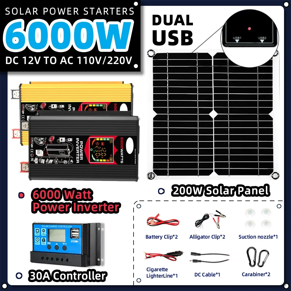 6000W Solar System Combination Inverter 30A Controller 200W Solar Panel 220v full set for house Camping For Car RV solar panel kit solar controller grid solar inverter