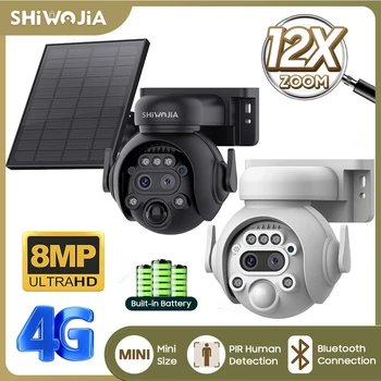 SHIWOJIA 4K 8MP Solar Camera 4G SIM/ WIFI Solar Security Camera 12X ZOOM Color Night Vision Surveillance PIR Monitor PTZ Camera 1