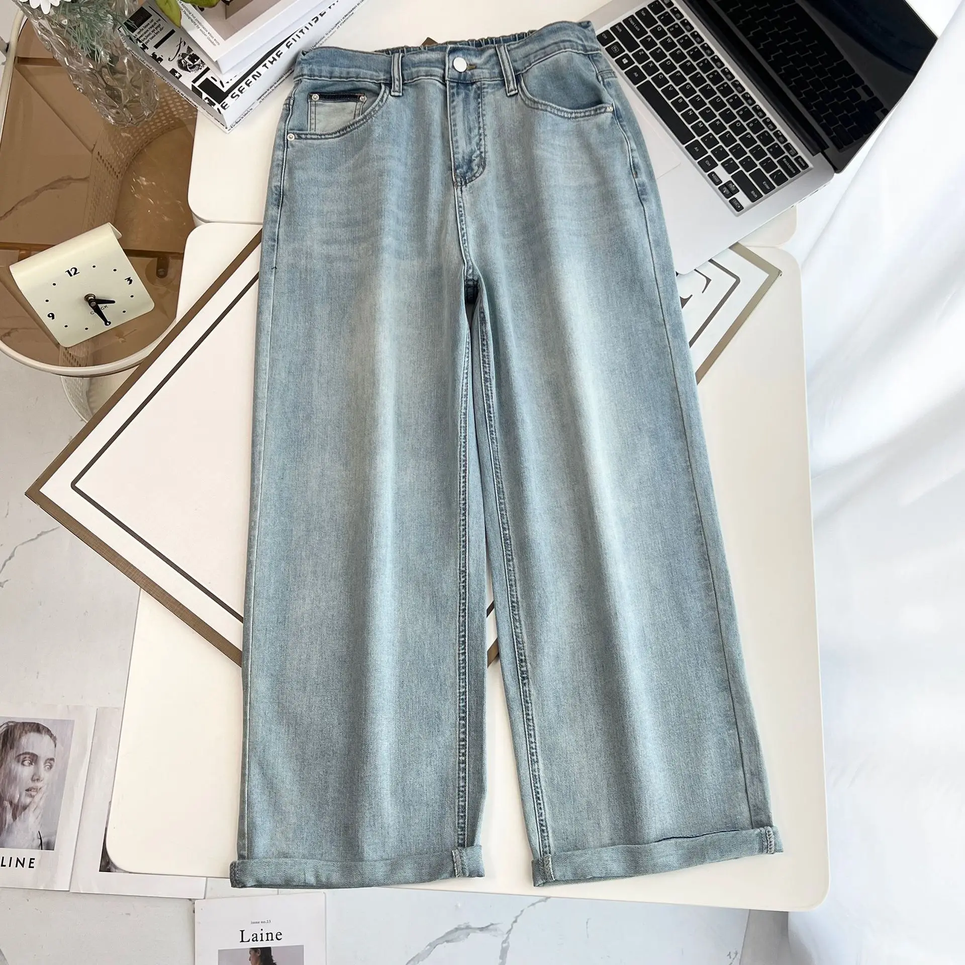 100KG 2025 Plus Size Straight Jeans Women's Wear Premium Boyfriend Style Casual Thin Denim Wide Leg Pants 5328