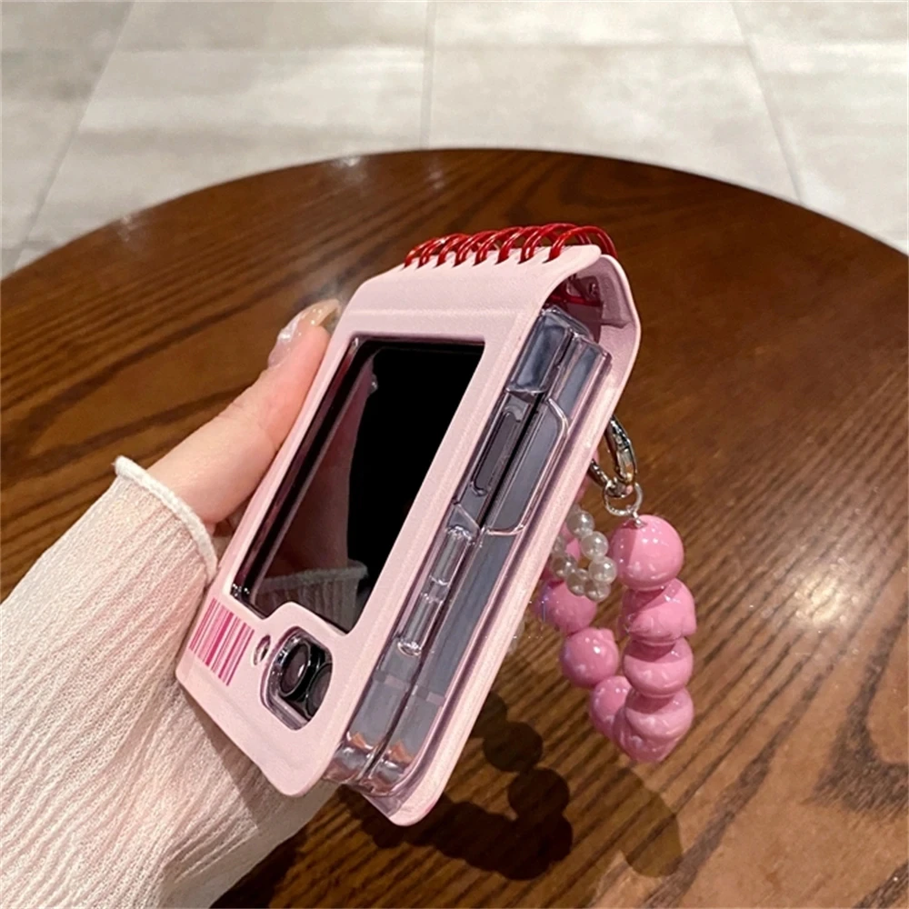 Kawaii Pink Notebook Style Phone Case with Cute Beaded Chain Cover