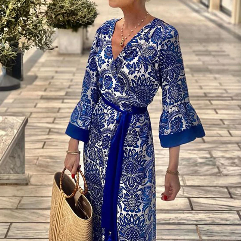 

New Spring V-neck Flare Sleeve Long Dress Ladies Elegant Pattern Printed Slim Party Dress Elegant Lace Up High Waist Robe Dress