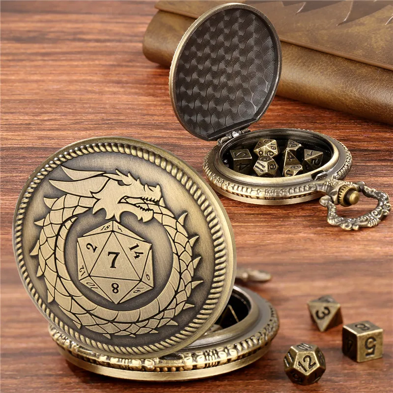 Pocket Watch Chain Bronze 7pcs Metal Polyhedral Dice Role Play Gaming Dices With Cool Dragon Pocket Watch Case Pendant FOB Chain Game Accessory