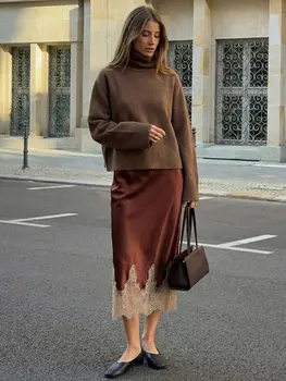 HH Women Lace Patchwork Midi Skirt Slim High Waist Satin Skirts Summer Trend Woman Elegant Evening Party Chic Skirts ﻿Mujer