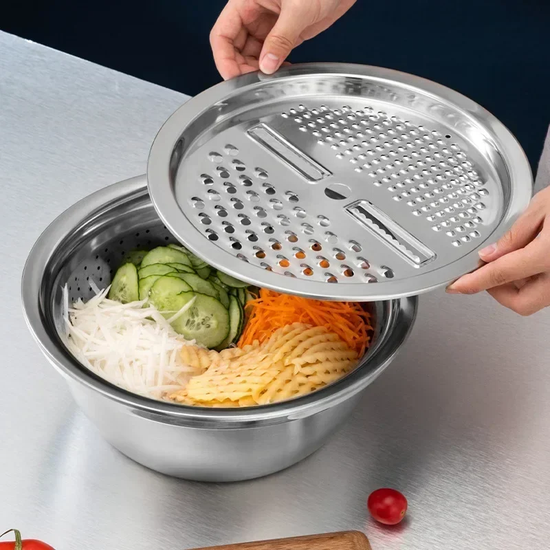 Cestello Scolapasta Multifunzione In Acciaio Inossidabile 3 In 1, Colino, Grattugia E Bacile, Facile Da Pulire, Lavabile In Lavastoviglie, Per Insalata E Verdure