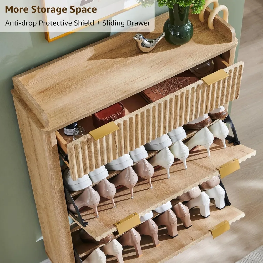 48" Tall Narrow Shoe Cabinet with Flip Drawers, Curved Fluted Design, Wooden Shoe Organizer for Entryway - Natural Oak