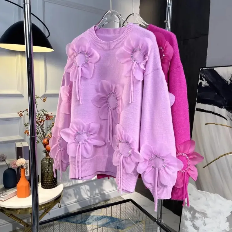 

3D Flower Heavy Industry Beads Pink Sweater Women's 2023 Autumn and Winter Candy Color Round Neck Long Sleeve Pullover Sweater