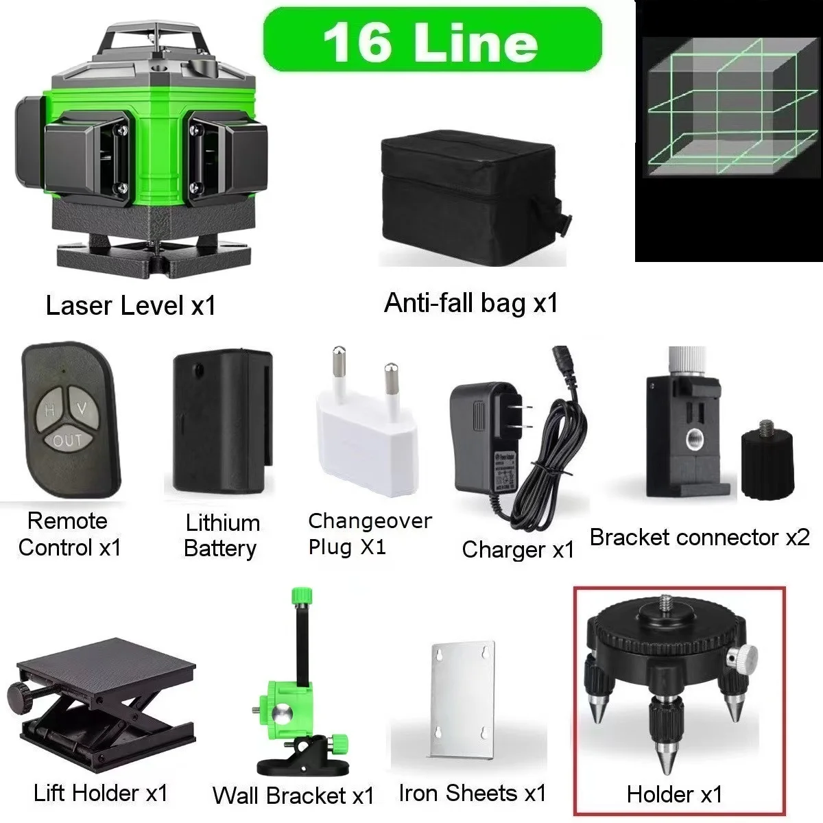 Laser Level 4D 16Lines Green Light Automatic Line-laying Construction Tools