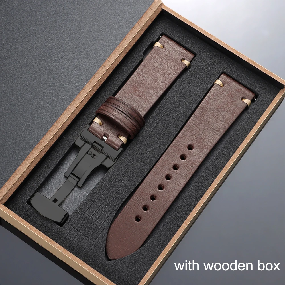 Elegant Top-Grain Leather Watch Band with Butterfly Buckle and Gift Box