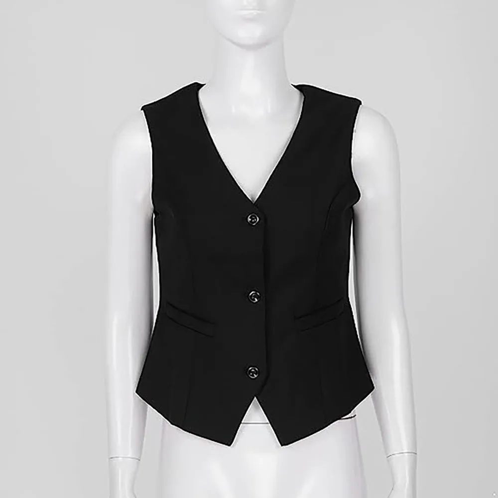 Women's Black Vest Sleeveless V-Neck Single Breasted Simple Regular Fit 2023 Promotional New Products