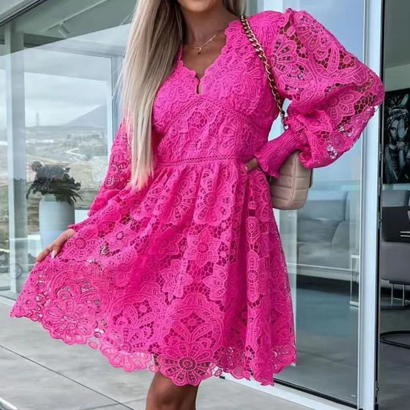 

Summer Retro Elegant Women Lace Dress Fashion Sexy Solid Color Mesh Splicing Slimming Party Dress Casual V-Neck Wide Swing Dress