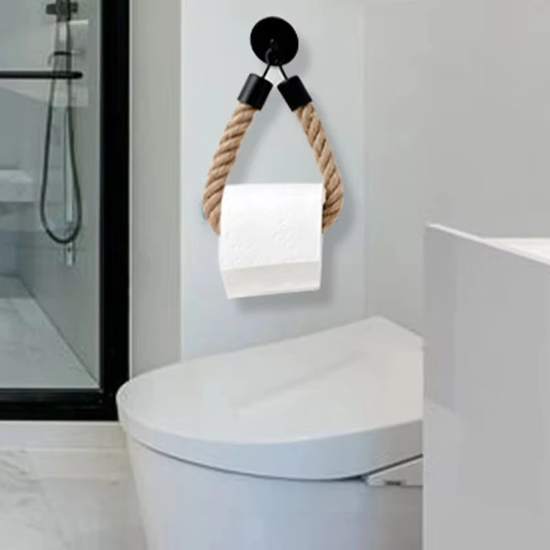 Toilet Tissue Roll Holder Creative Retro Paper Towel Ring For Household Storage Rack Self-Adhesive Wall Mounted Hanging Rope