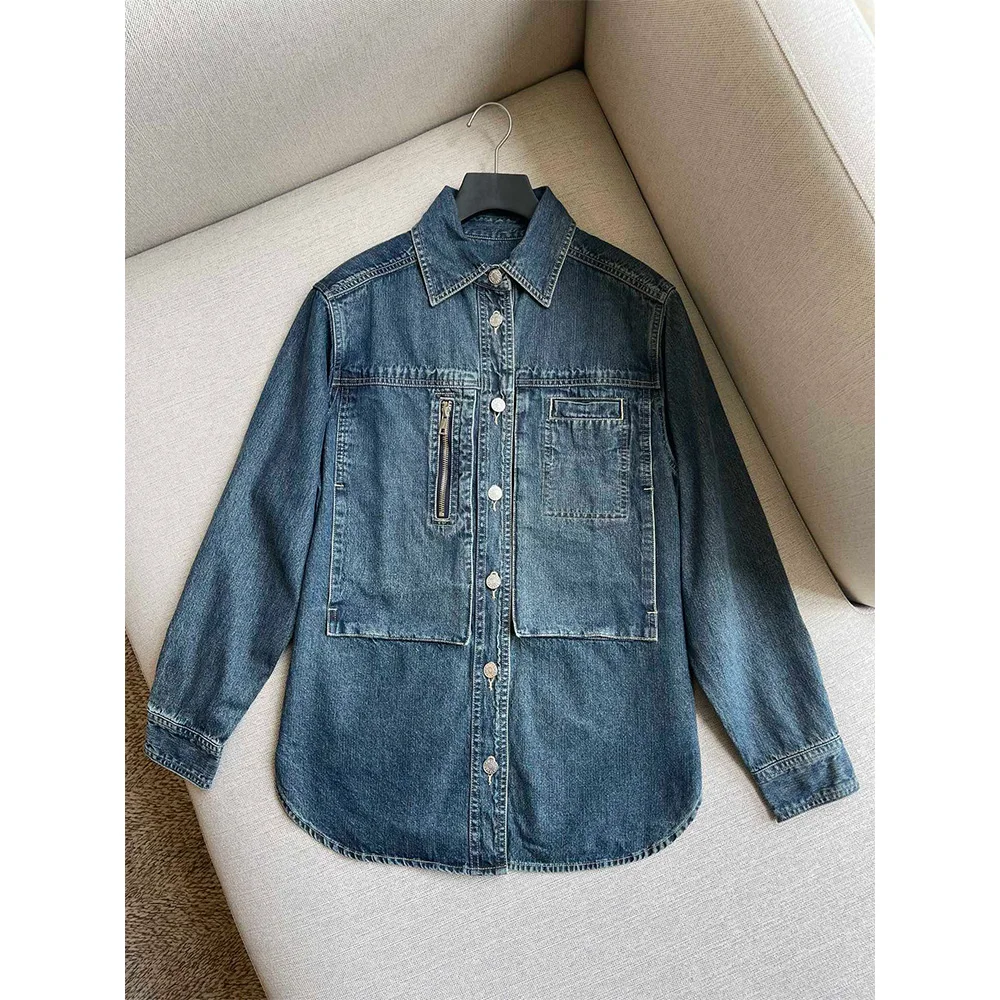 

Women's 23 years new niche design minimalist washed denim large pockets medium-length work jacket shirt coat