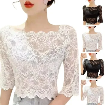 Elegant One-word Collar Women Cropped Tops See-through Embroidery Half Sleeve Blouse Lace Pullover Tops Summer 1