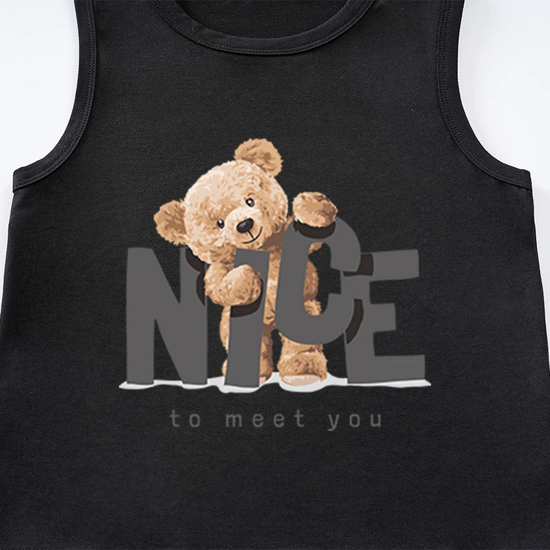 Boys Sleeveless Top Cartoon Greeting Bear Summer Comfortable Children's Clothing Baby Black Round Neck T-Shirt