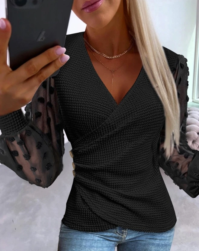 

2023 New Autumn Swiss Dot Chiffon Patch Waffle Knit Overlap Tops Long Sleeve V-Neck Ruched Skinny Daily Women's Elegant Blouses