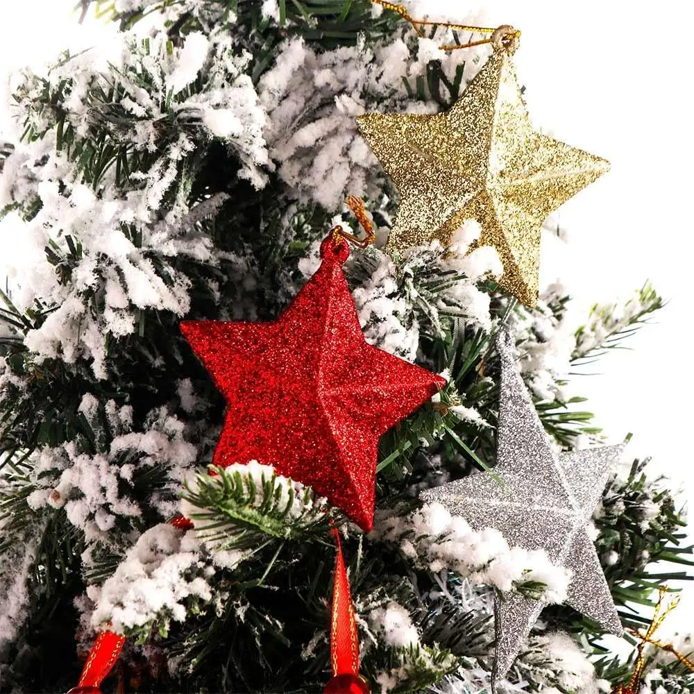 4/24PCS Glitter Star Christmas Ornament Silver Gold Pentagram Xmas Tree Hanging Pendant Festival Wedding Party Home Decoration