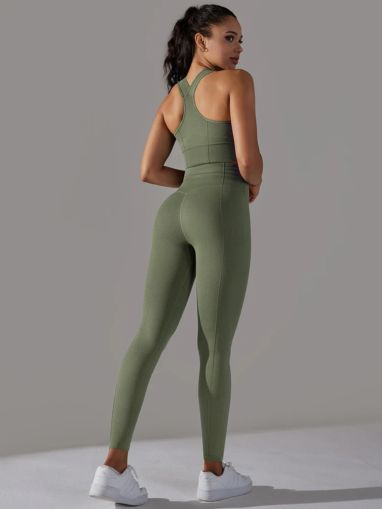Nuovi vesti sportivi sexy a coste per donne, 2 set di tute senza cucure, leggings a va alta + reggiseno yoga a scollo a V, outf per pilates - Cina Abbigliamento da