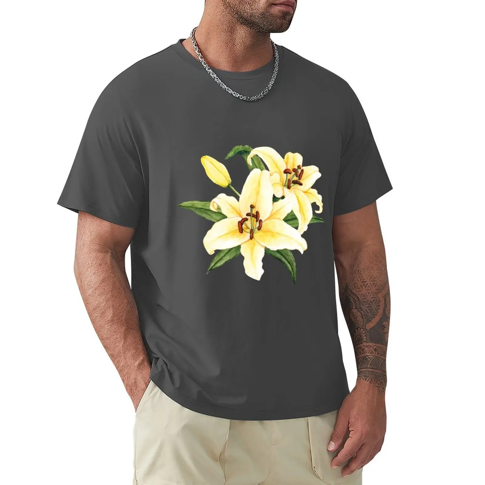 

Hand Drawn White Lily Flower T-Shirt summer top summer clothes plain mens t shirt graphic