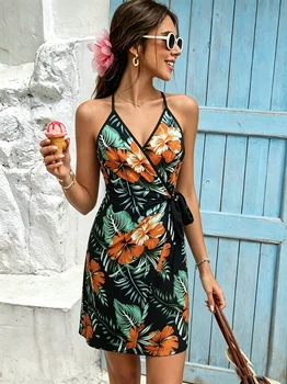 Women Wrap Dress Spaghetti Strap Tropical Floral Print Midi Dresses Casual Boho Summer Vacation Beach Date Breathable Dress