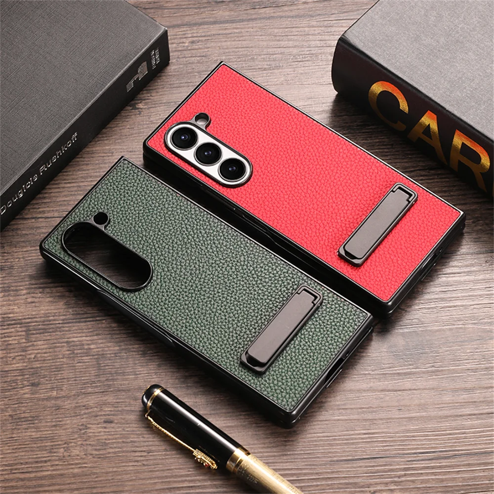 Elegant Litchi Leather Invisible Bracket Case with Stand Holder and Thin Bumper Design
