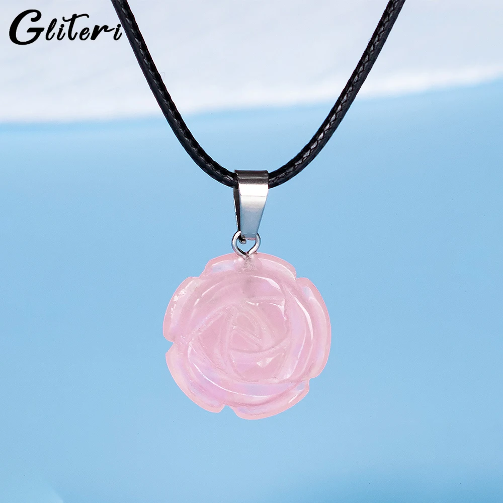

GEITERI Simple Natural Pink Crystal Flower Pendant Necklaces For Women Girls Rose Flower Stone Choker Fashion Jewelry Party Gift