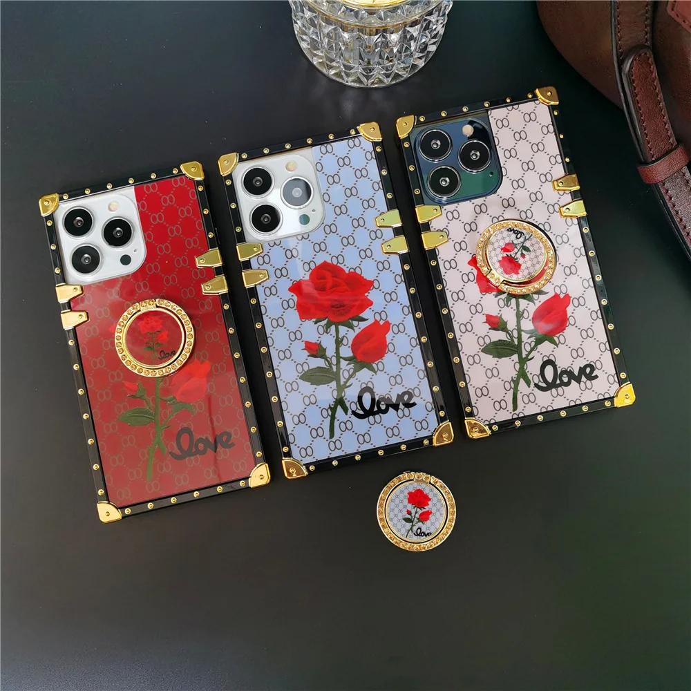 Fashion Red Rose Flower Cover Mirror Face Plaid Square Case Per Huawei P50 Pro P40 P30 Mate 50 Pro 40 30 Honor 70 50 60 Y9 Y7A