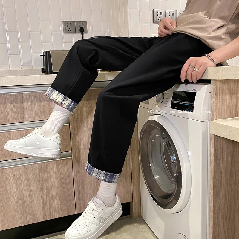 Straight Cylinder Solid Color Men Breathable Trousers Plaid Loose Casual All-match Harajuku Korean Bound Feet Cropped Pants