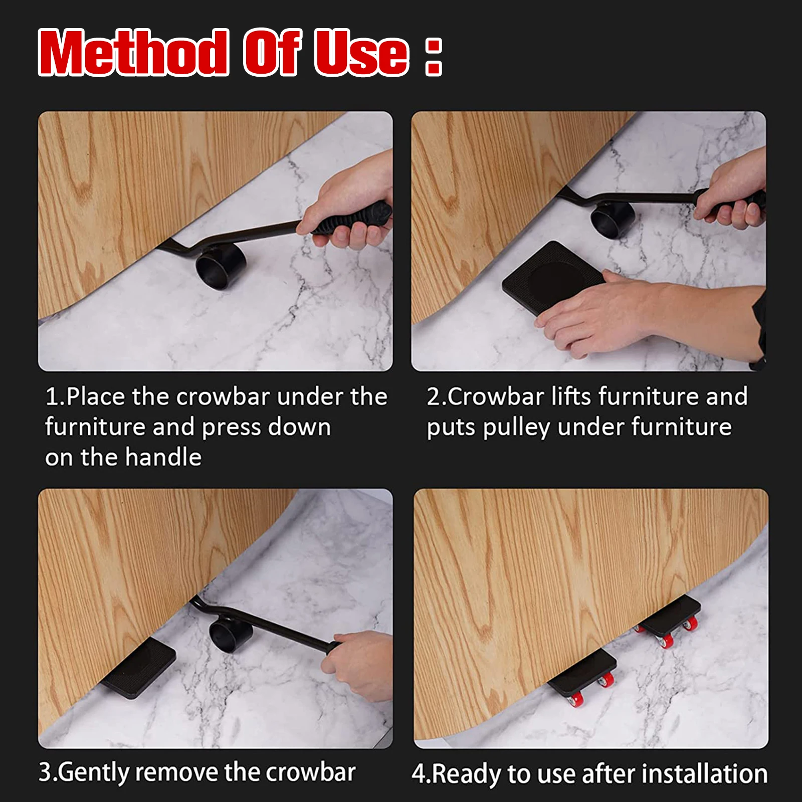 Furniture Lifter Mover Tool Set 330lbs Heavy Duty Furniture Moving Tool 360° Rotation Lifter Mover with 4 Wheels Bar Moving 3