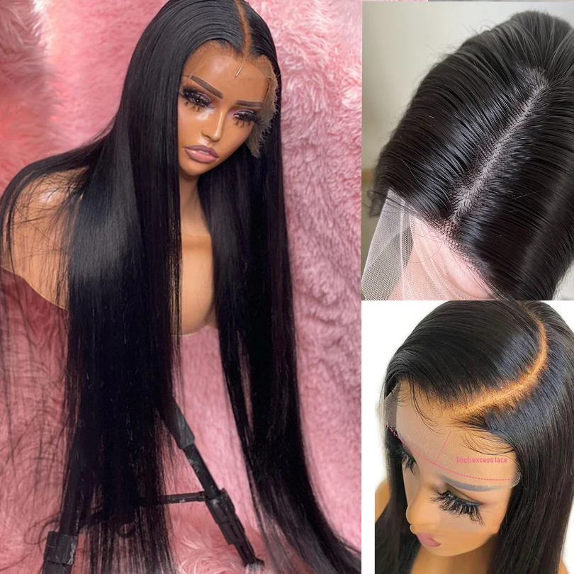 4*4 Lace Front Silk Base Long Straight  For Women With Baby hair Synthetic Natural Hairline Heat Temperature Silk Top Wig