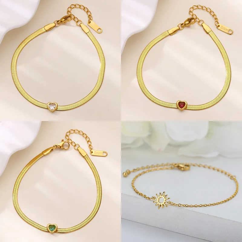 Zircon Birthstone Heart Bracelets For Women Gold Color Stainless Steel