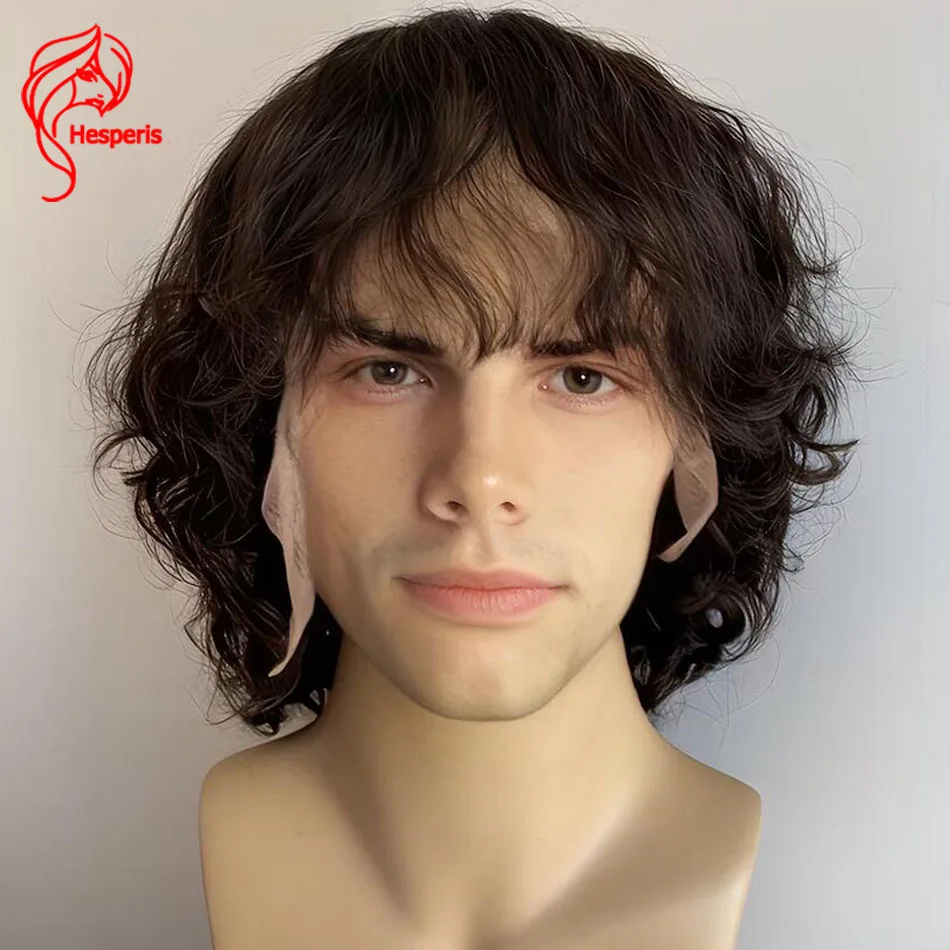 헤스페리스 남성용 레이스 프론트 가발 인모 곱슬머리 숏 스타일 앞머리 포함 13x6 딥 파트 남성 헤어피스 인모 가발 앞머리 포함