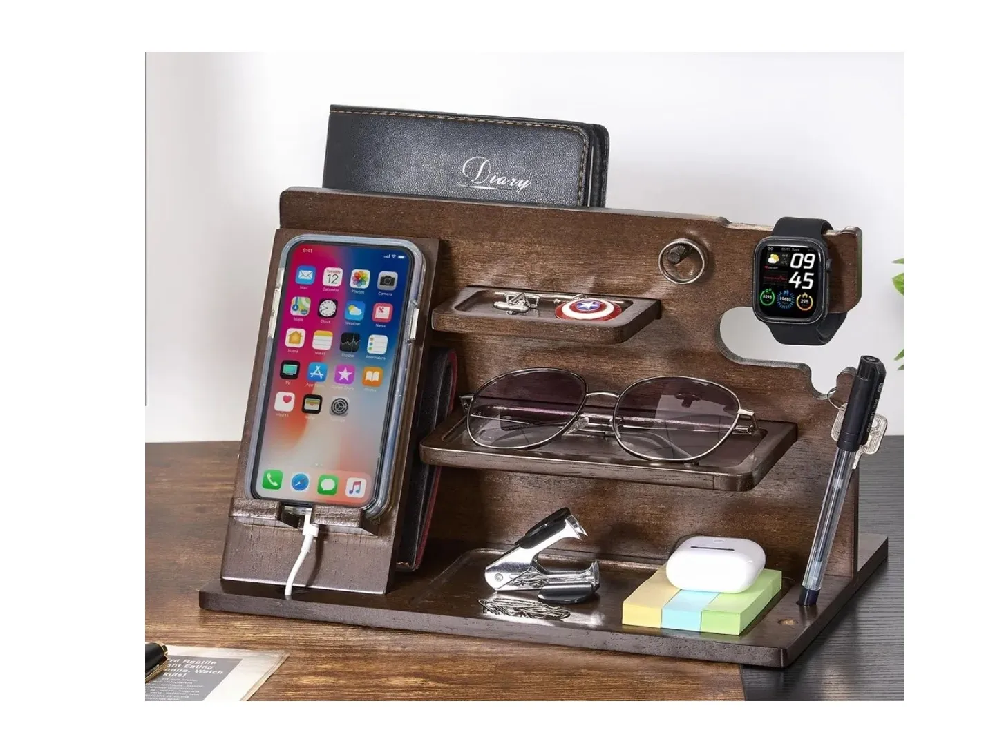 Wooden Walnut-colored Storage Shelf Bedside Stand for Watches Rings Glasses Headphones Miscellaneous Items in the Bedroom