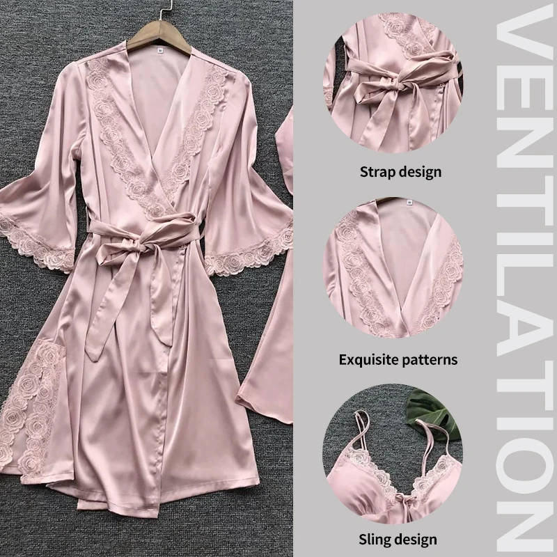 Summer Fashion Pajama Belt Underwear Lace Sexy Solid Embroidered Flower Hanging Pajamas Paired with Outer Robe Pajama Set