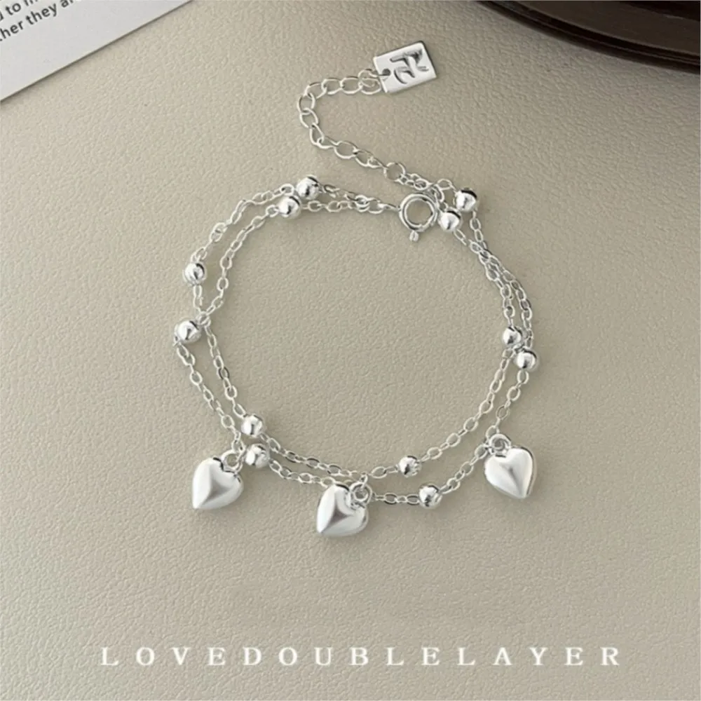 Silver Color Double Layer Love Heart Beads Chain Chain Bracelet for Womem Trendy Cute Peach Bracelet Party Jewelry Gifts