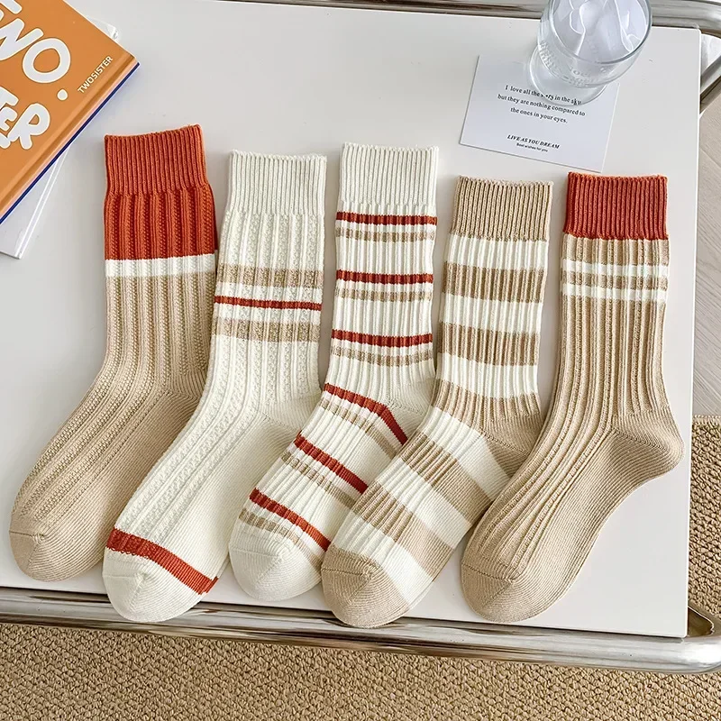 

Женские полосатые носки, теплые хлопковые вязаные эластичные Высокие гольфы, уличная одежда для школьниц в стиле Харадзюку, спортивные белые чулки