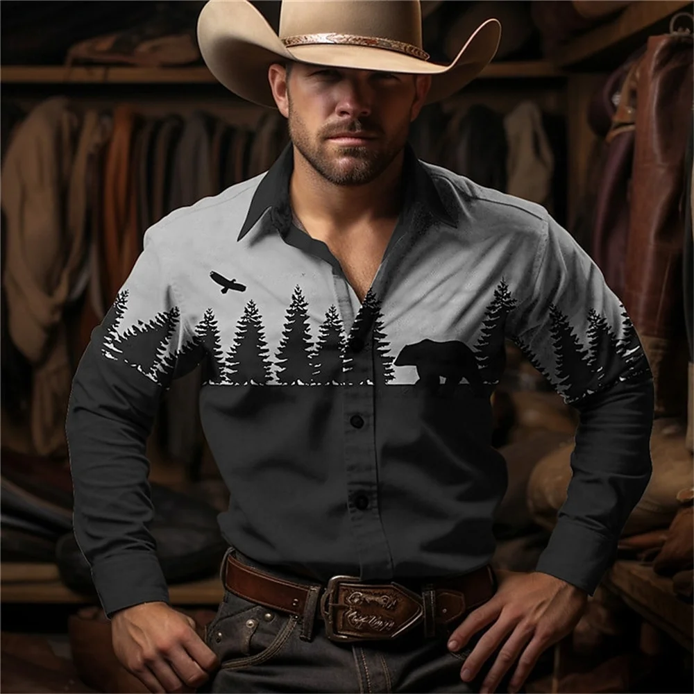 New Retro Fashion Simple Long Sleeve Western Denim Men's Social Shirt Top Rock Men's Street Retro Fashion Casual Clothing