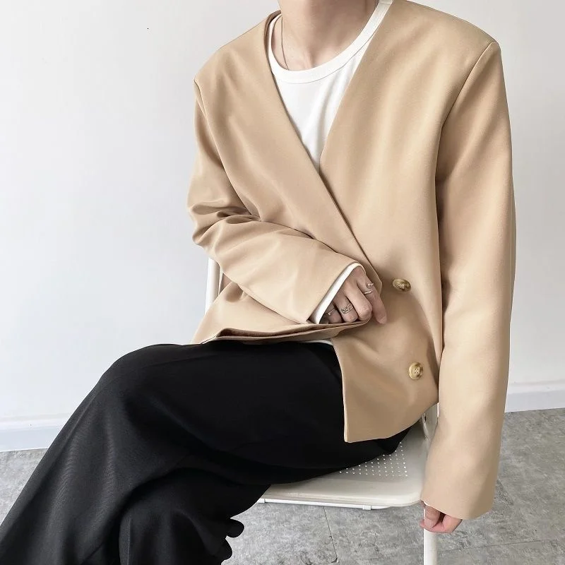 

Personality Spring Men's Collarless Short Suit Coat 2022 New Simple Trend Black Oversized Asymmetric Breasted Clothes Y2242