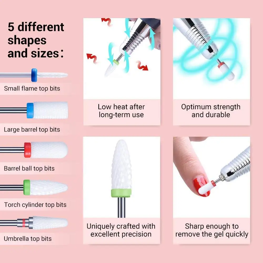 Ceramic Milling Cutter Manicure Removing Gel Varnish Nail Drill Bits Electric Machine Accessories Tool 5 Pcs