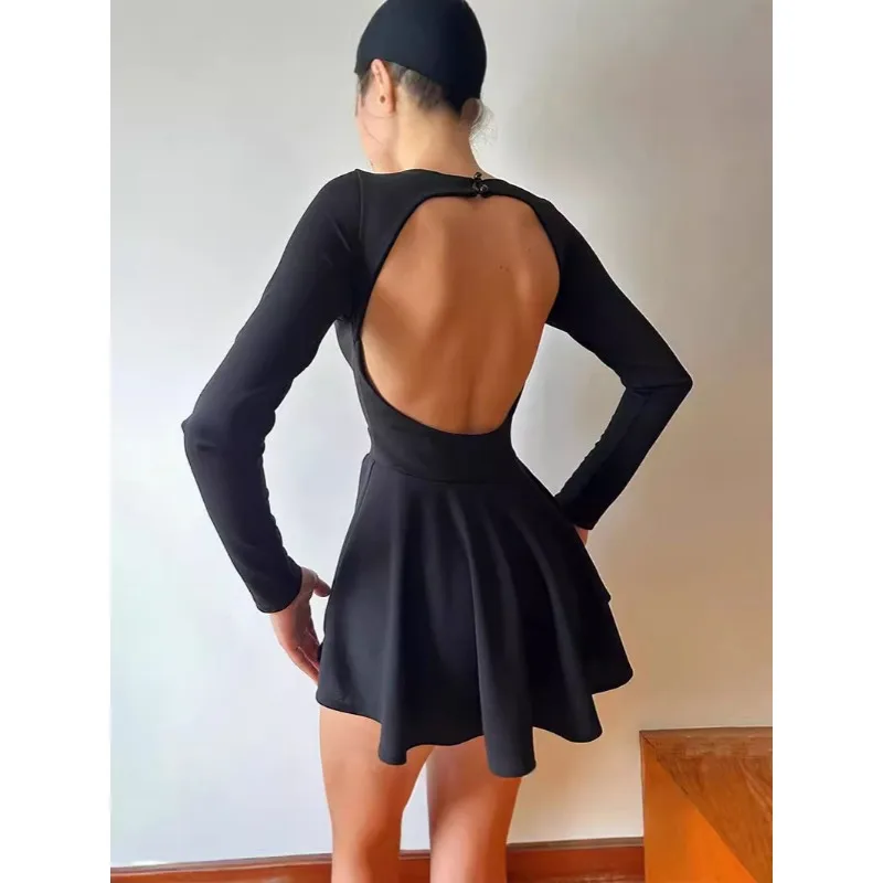 Fashion Spring and Summer Women's New Deep V Long-sleeved Dress Y2k Solid Color Elegant Waist Slim-fitting A-shaped Casual Skirt
