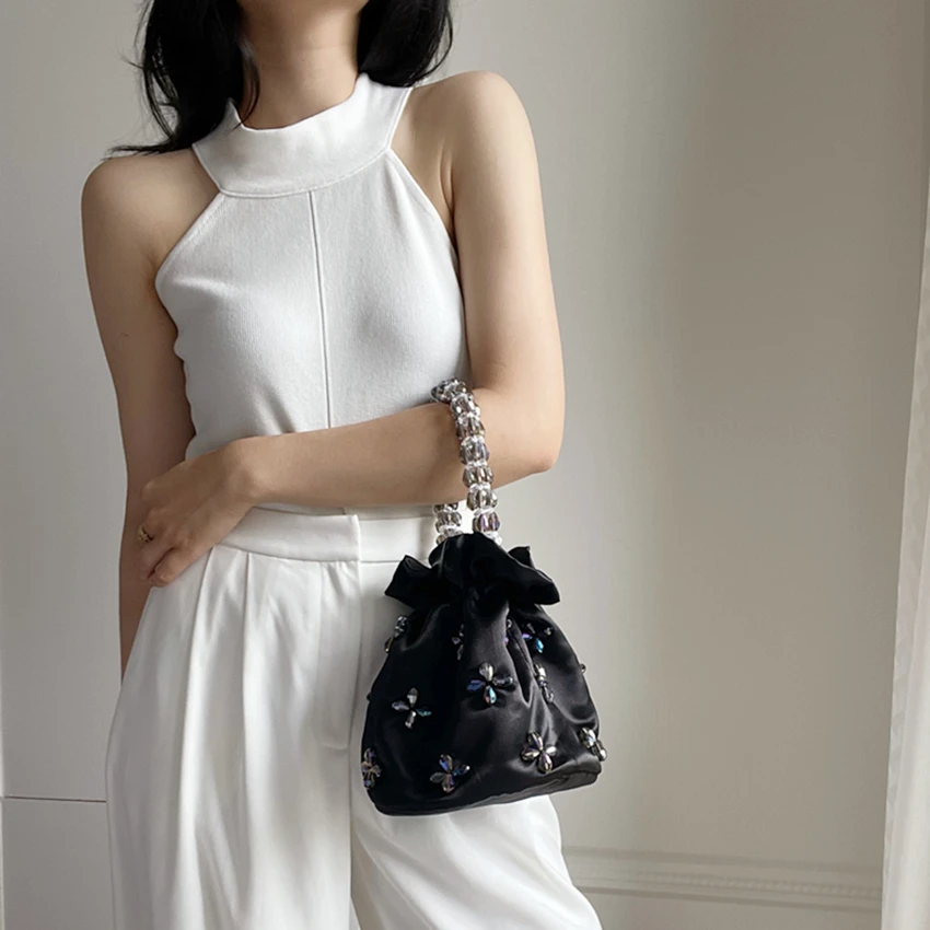 Satin-Lined Crystal Crossbody Bucket Bag