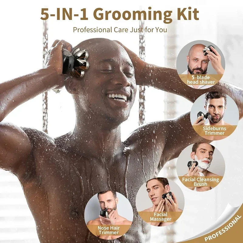 5-in-1 Electric Razor IPX7 Waterproof for Bald Men Wet/Dry LED Display Rechargeable 5D Rotary Shaver Grooming Kit Head Shavers electric shaver