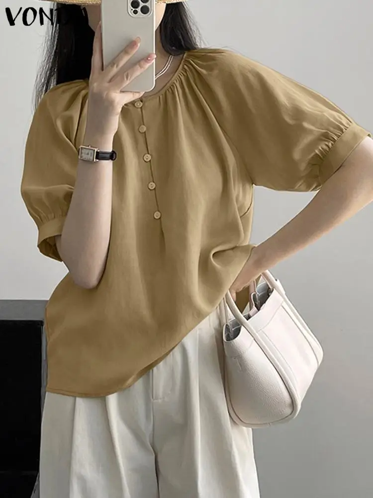 

VONDA Summer Spring Shirts 2024 Women Elegant Solid Color Blouse Fashion Puff Sleeve O Neck Tops Sexy Beach Blusas Oversized