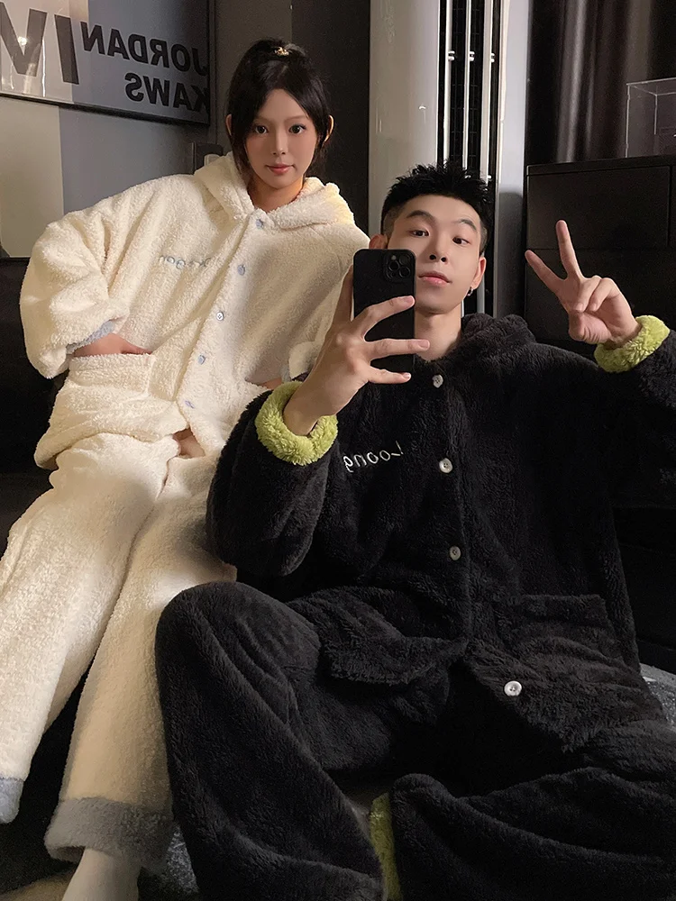 DAIMELU بلا أسنان الصبي زوجين منامة المرأة الخريف ملابس خاصة المرجان الصوف الصوف سميكة مقنعين الرجال ملابس نوم الشتاء مجموعة