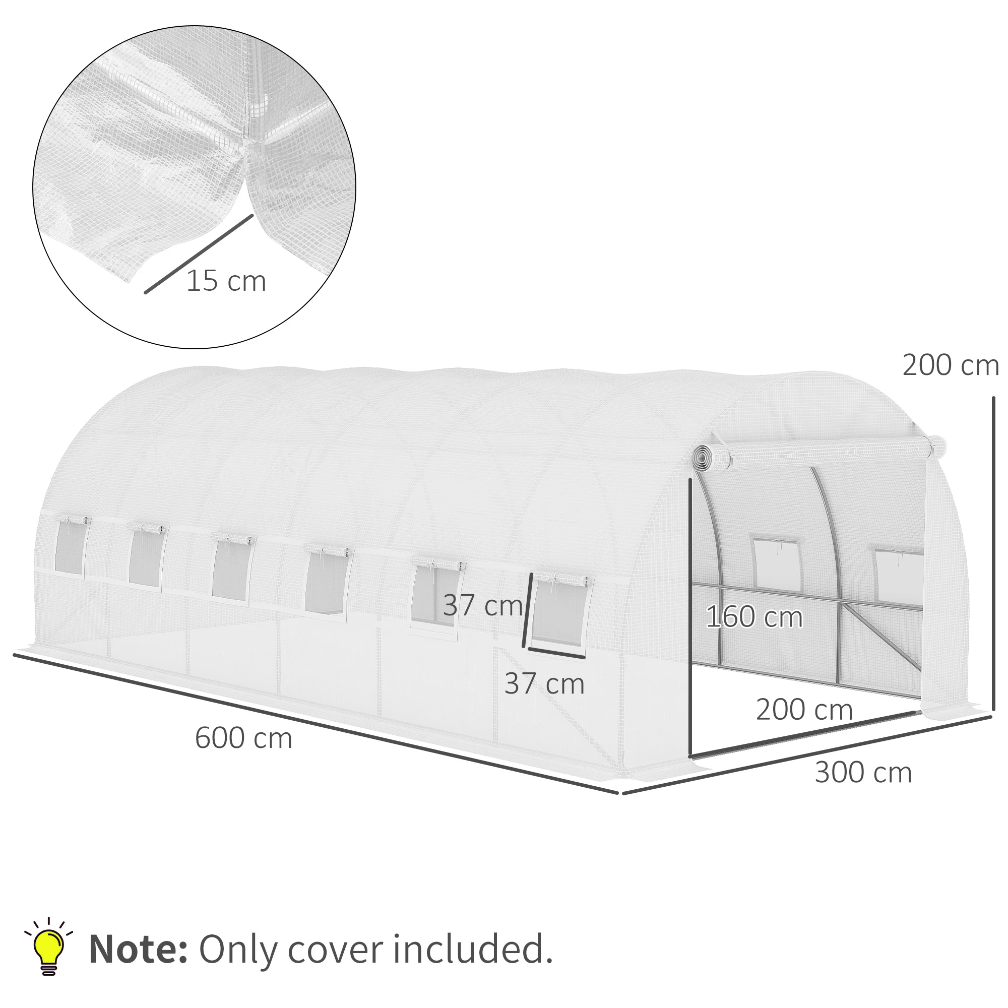 Outsunny Vervangingsfolie voor 6x3x2 m kas, stevig, scheurresistent, 12 ramen, deur, Wit