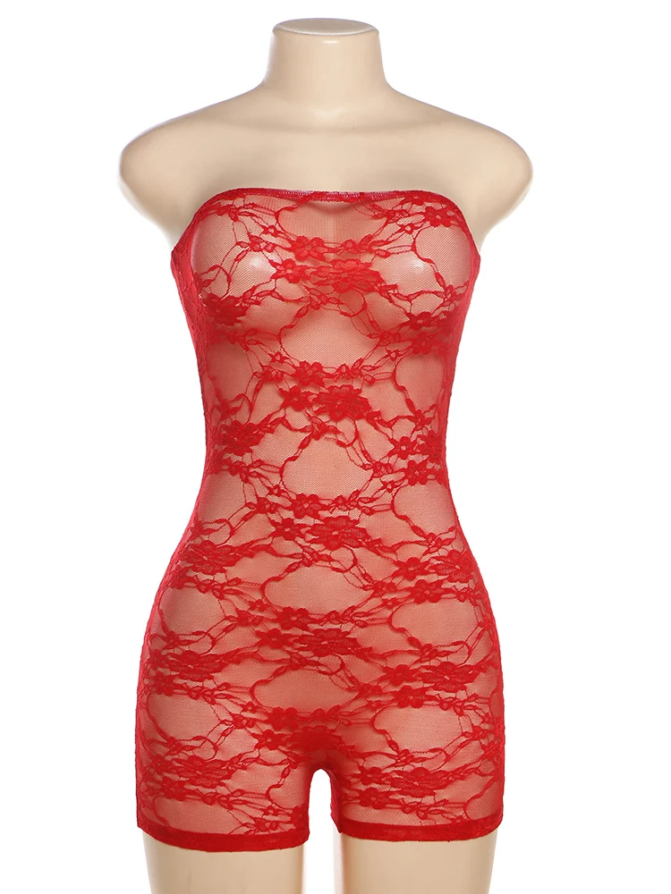 Mono sexy de encaje para mujer, liso, sin mangas, con escote en V, transparente, ajustado, ropa atractiva para mujer