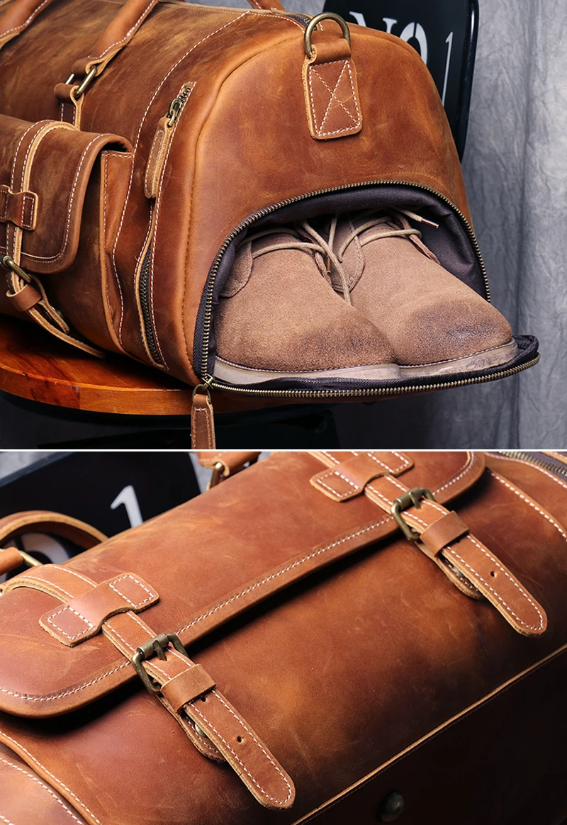 MUNUKI Vintage Crazy Horse Genuine Leather Travel bag  Large Luggage bag men Leather duffle bag Large Weekend Bag Tote Big 5