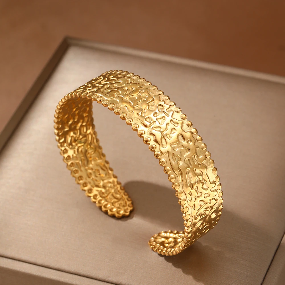 Stainless Steel Bracelet European and American classic delicate embossed pattern open-end bracelet Women's Jewelry Daily Match 3
